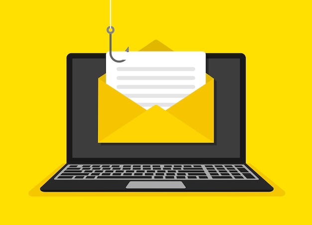 Hackear el concepto de computadora portátil estafa en línea. Phishing de datos. Ilustración vectorial.