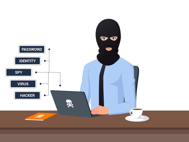 Hacker anónimo espía y concepto de robo de datos Vector Premium