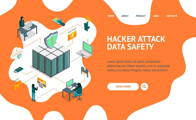 Hacker Ataque Concepto de aterrizaje Página web 3d Vector de vista isométrica