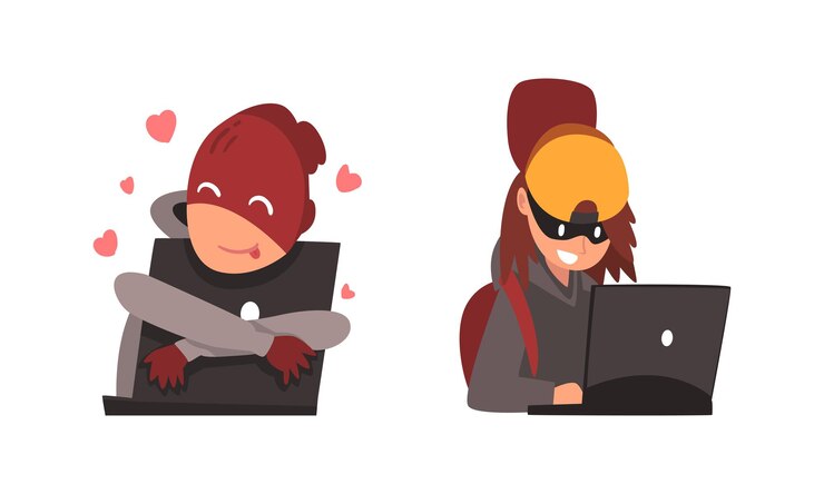 Vector hacker con capucha y máscara robando dinero usando un conjunto vectorial de portátil