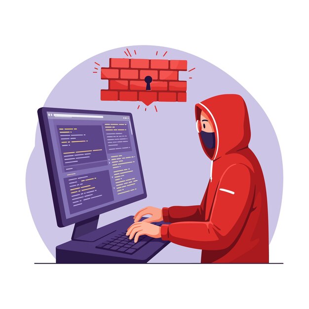 Hacker con capucha roja codificando en la computadora con brecha de cortafuegos digital ilustración vectorial de diseño plano