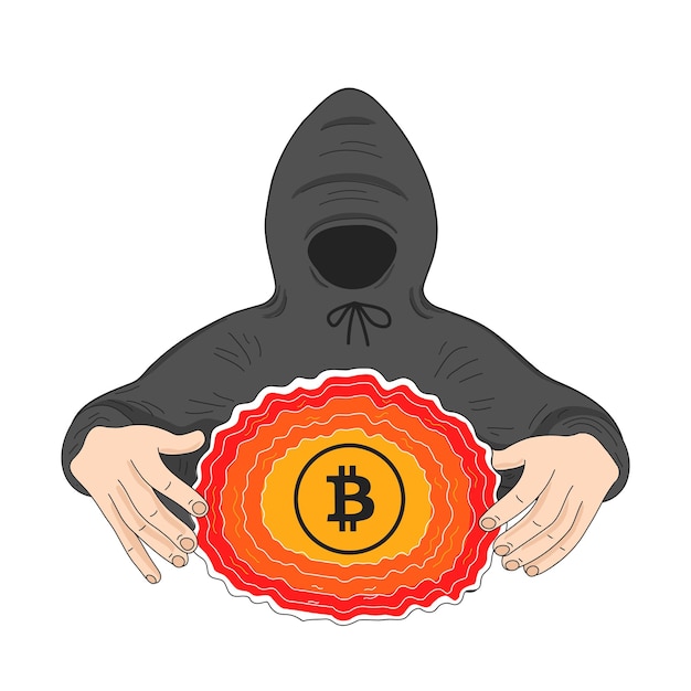 Hacker en capucha y símbolo bticoin. Icono de ilustración de personaje de dibujos animados de vector. Aislado sobre fondo blanco. Hacker, romper la defensa, concepto de moneda criptográfica bitcoin