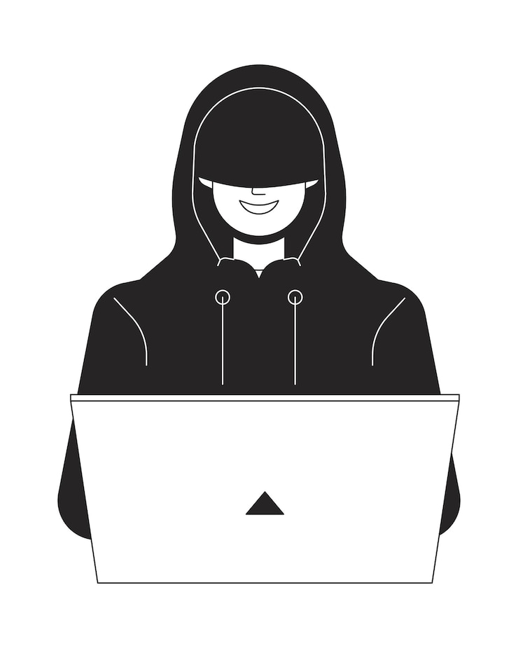 Vector hacker con capucha sonriendo línea plana negro blanco carácter vectorial codificación en computadora portátil cyberspace contorno editable persona de cuerpo completo ilustración de punto aislado de dibujos animados simple para diseño gráfico web