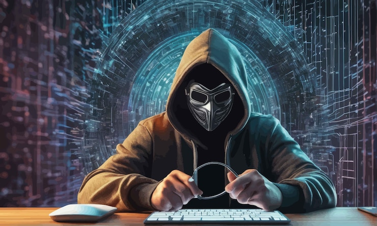 Vector hacker con capucha y sudadera con capucha sentado frente a una computadora portátil hacker con sudadera con capucha y sudadera con capucha sentado frente