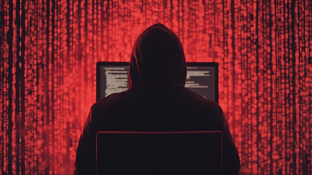 Hacker de cibercrimen y pensando en la computadora para la superposición de virus y futurista en el escritorio Hombre criminal con capucha y listo para codificar ataques cibernéticos y programación de malware con estafa tecnológica y datos