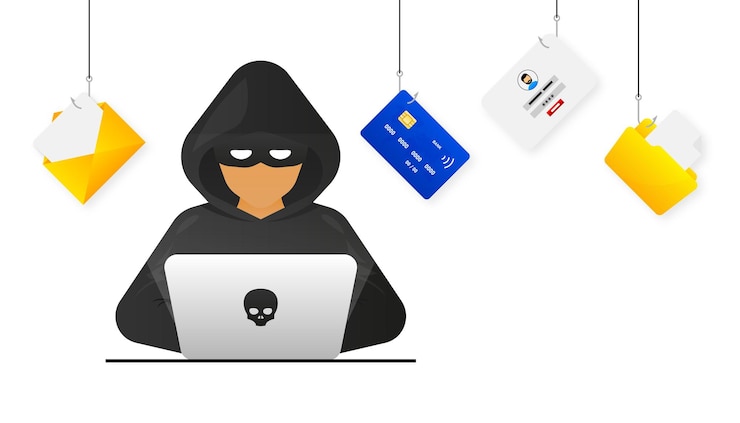 Vector hacker ciberdelincuente con computadora portátil que roba datos personales del usuario ataque de piratas informáticos y seguridad web suplantación de identidad en internet concepto de seguridad cibernética ilustración vectorial