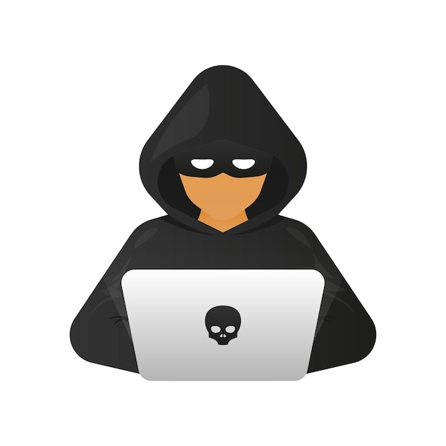 Vector hacker ciberdelincuente con computadora portátil que roba datos personales del usuario ataque de piratas informáticos y seguridad web suplantación de identidad en internet concepto de seguridad cibernética ilustración vectorial