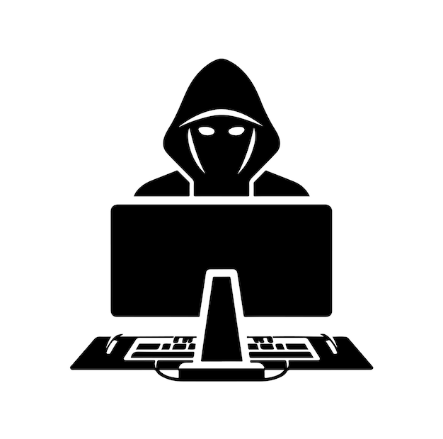 Hacker de computadora con icono de portátil Ilustración del vector de silueta