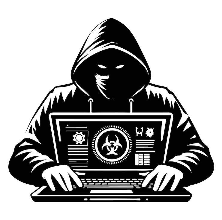 Vector hacker de computadora con icono de portátil ilustración del vector de silueta