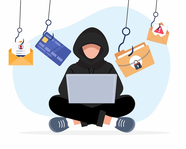 Hacker con computadora portátil robando datos confidenciales del usuario información personal tarjetas de crédito correos electrónicos