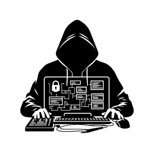 Vector el hacker de computadora con la silueta de la ilustración vectorial del icono de la computadora portátil.