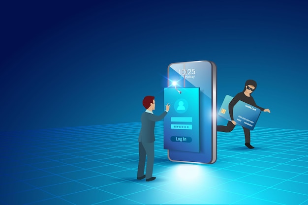 Hacker contraseña de phishing en línea desde una plantilla web falsa ataque de crimen cibernético contra la tecnología del sistema de seguridad digital vector 3D