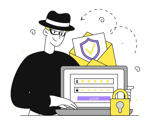 Hacker con correo electrónico en la computadora hombre lineal con máscara facial cerca de la seguridad de la computadora portátil y la seguridad en Internet