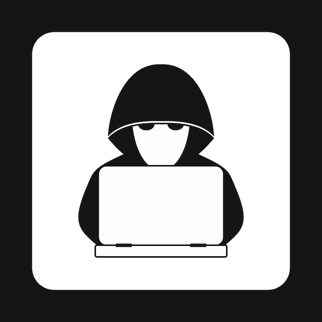 Hacker detrás de un icono de computadora en estilo simple aislado sobre fondo blanco Símbolo de craqueo