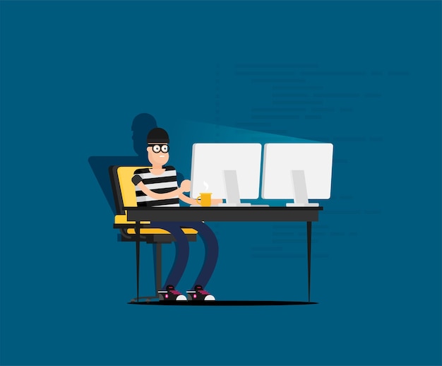 Hacker de dibujos animados con la ilustración del vector de la computadora portátil