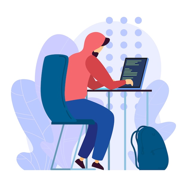 Un hacker digital ataca a un servidor remoto de programación masculina que se sienta en una computadora portátil aislada en una ilustración vectorial plana blanca
