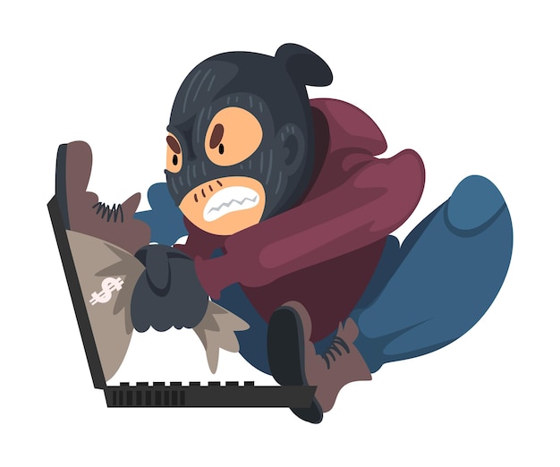 Hacker con guantes y máscara rompiendo en la ilustración vectorial de la computadora portátil