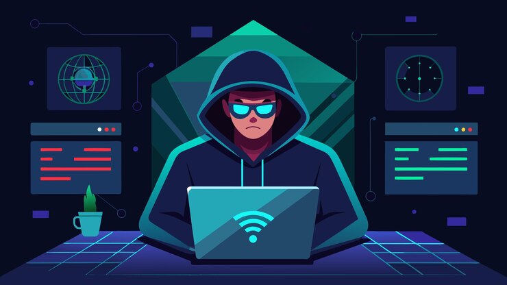 Vector un hacker en una habitación oscura usando sus extensiones cerebrales de computación cuántica para entrar en sistemas seguros
