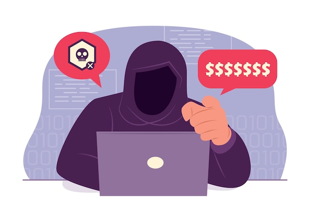Hacker hombre con capucha hackeando computadora portátil para ilustración de concepto de cibercrimen