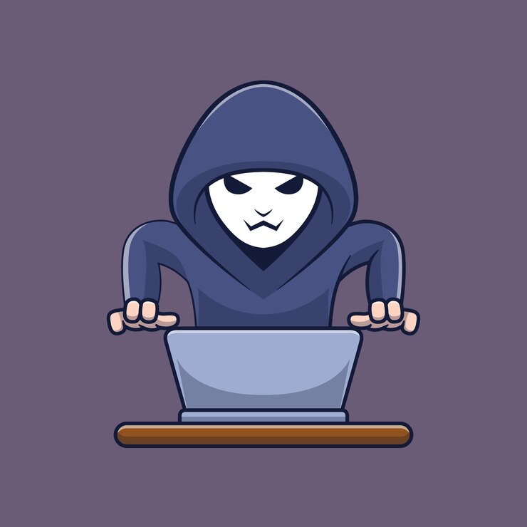 Vector hacker en la ilustración del icono de dibujos animados de la computadora portátil