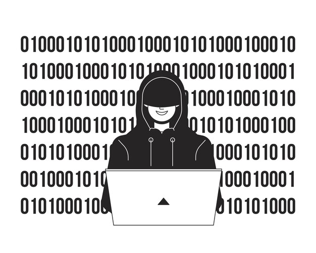 Hacker in hood coding bw concept vector spot illustration Hombre con portátil dibujo animado 2D línea plana carácter monocromático para diseño de interfaz de usuario web Cibercrimen editable contorno aislado imagen del héroe