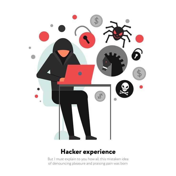 Vector hacker con laptop y conjunto de iconos
