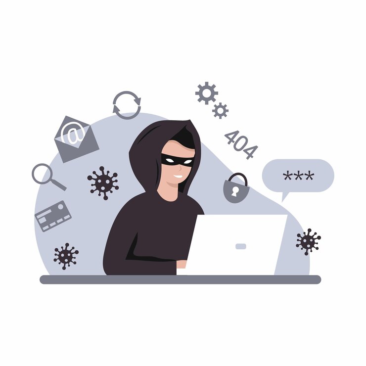 Vector hacker con laptop rompe la contraseña. protección de datos e información confidencial. seguridad de internet. fraude y delincuencia en línea. ãƒâ ã‚â¡virus informático.