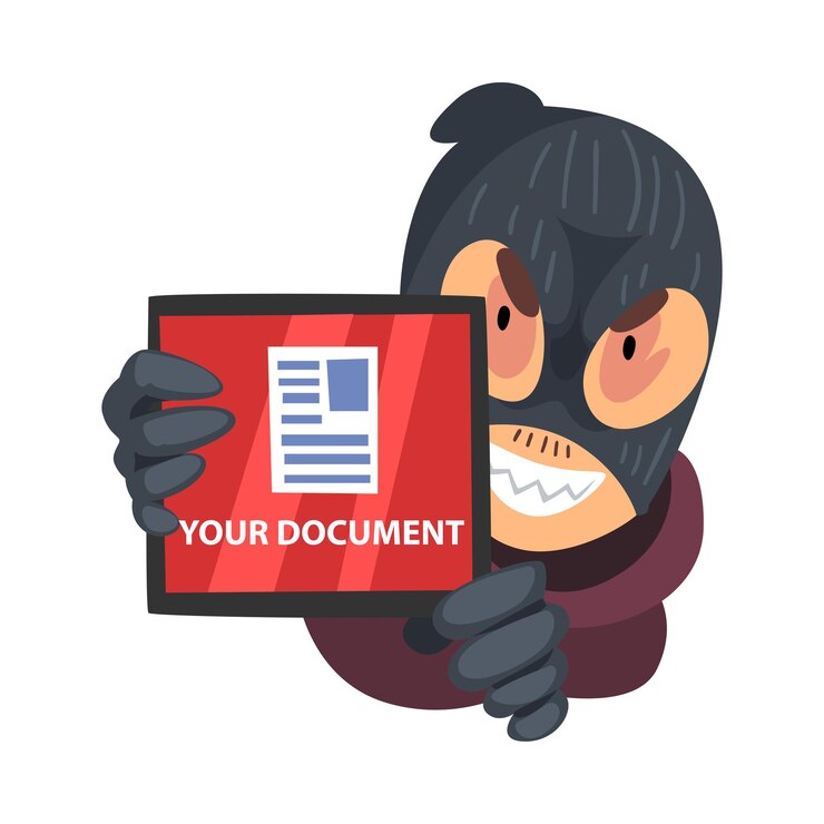 Vector hacker con máscara y guantes tratando de acceder a la ilustración vectorial de la carpeta de documentos