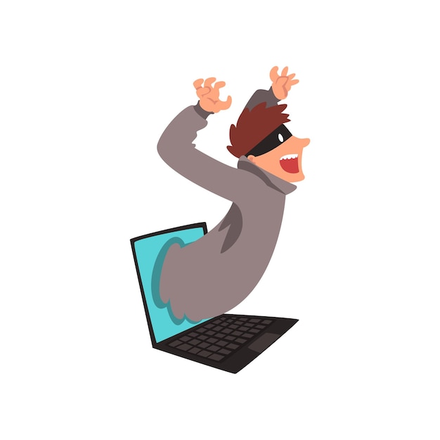 Hacker con máscara saliendo de la pantalla de la computadora portátil Delito en Internet Tecnología de seguridad informática Ilustración vectorial de dibujos animados en fondo blanco