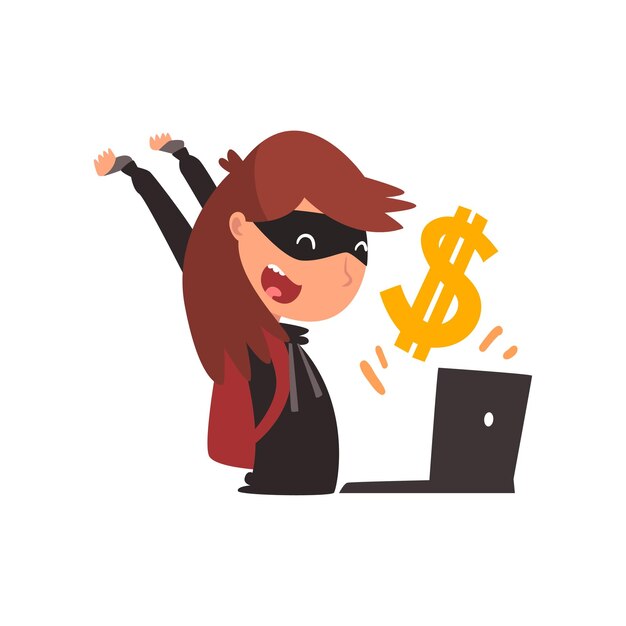 Hacker mujer con máscara negra robando dinero usando computadora portátil Crimen en Internet Tecnología de seguridad informática Ilustración vectorial de dibujos animados en fondo blanco