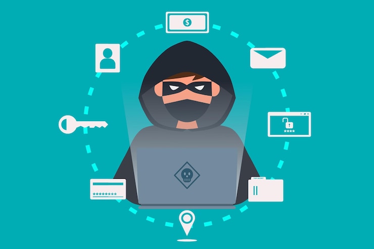 Vector hacker o criminal cibernético con computadora portátil robando datos personales del usuario ilustración vectorial del concepto de phishing en internet