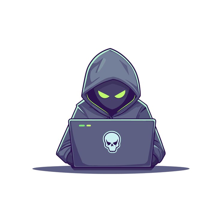Vector hacker operando una computadora portátil icon de dibujos animados ilustración aislado icon de tecnología de estilo de dibujo animado plano