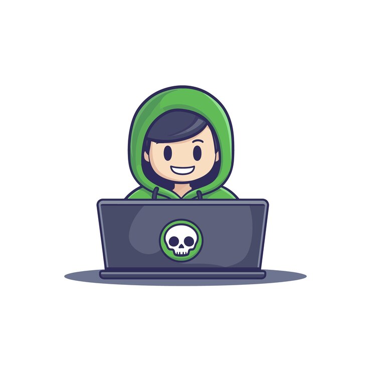 Vector hacker operando una computadora portátil icon de dibujos animados ilustración aislado icon de tecnología de estilo de dibujo animado plano