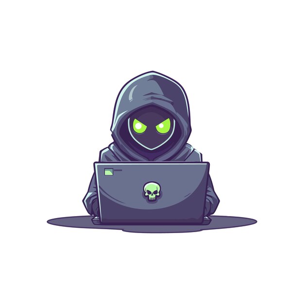 Hacker operando una computadora portátil Icon de dibujos animados Ilustración aislado Icon de tecnología de estilo de dibujo animado plano