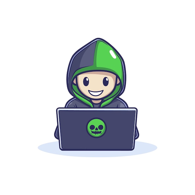 Hacker operando una computadora portátil Icon de dibujos animados Ilustración aislado Icon de tecnología de estilo de dibujo animado plano