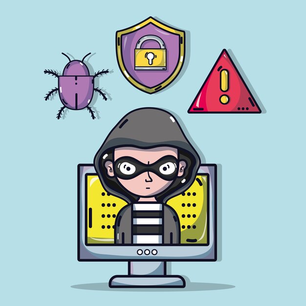 Hacker de persona a virus programador en la ilustración de vector de sistema