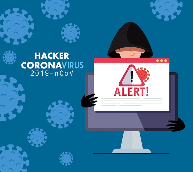 Vector hacker y portátil con señal de advertencia de peligro durante el diseño de ilustración de vector de pandemia covid-19