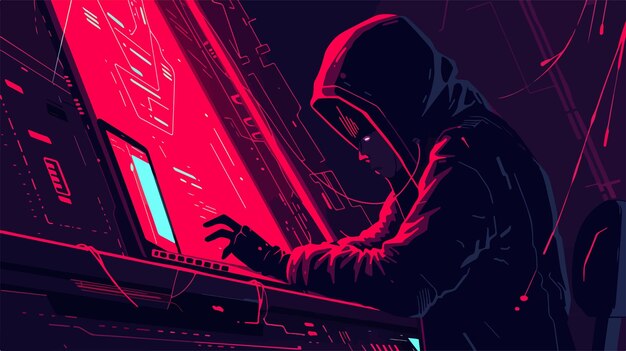 Hacker profesional con capucha negra trabajando en una computadora portátil