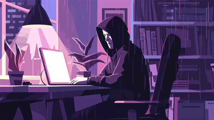 Vector hacker profesional con capucha negra trabajando en una computadora portátil