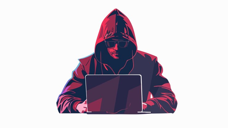 Vector hacker profesional trabajando en una computadora portátil en una ilustración vectorial de fondo blanco