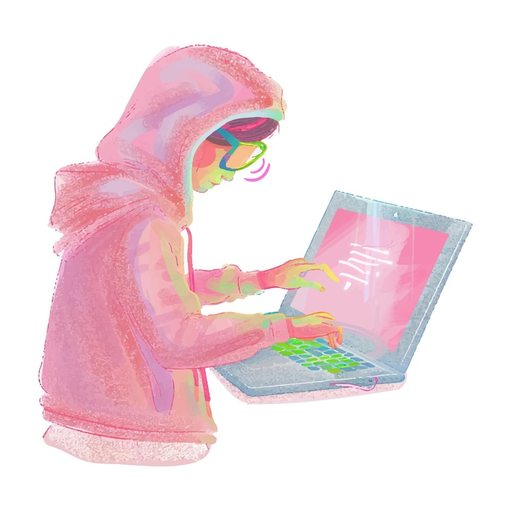 Vector hacker que opera una computadora portátil de fondo blanco 3