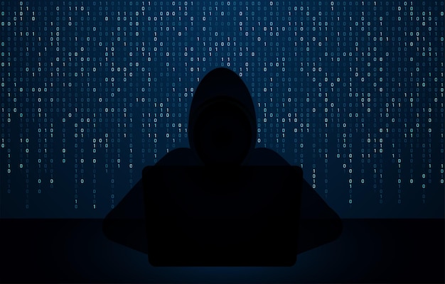 Hacker que usa una computadora portátil con interfaz digital de código binario