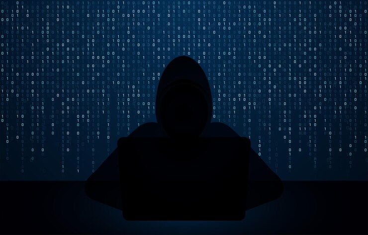 Vector hacker que usa una computadora portátil con interfaz digital de código binario