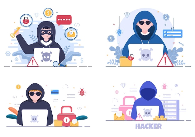 Hacker que usa el servidor de la computadora para la actividad pirateada Ilustración de vector de fondo de base de datos