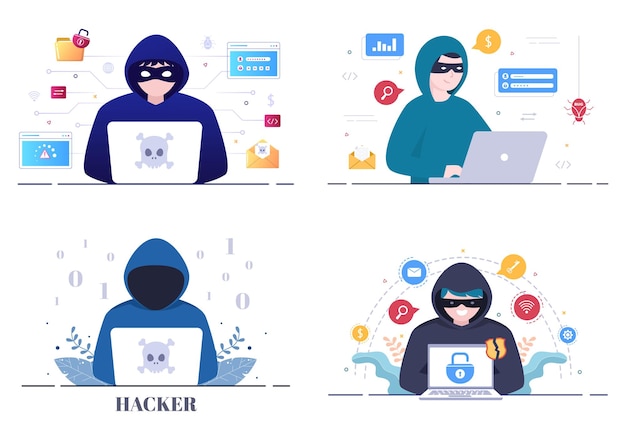 Hacker que usa el servidor de la computadora para la actividad pirateada ilustración de vector de fondo de base de datos