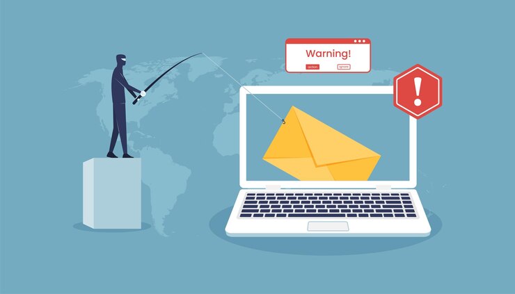 Vector hacker rompe el correo electrónico en el concepto de pantalla de la computadora portátil phishing y ataques de delitos cibernéticos ilustración vectorial