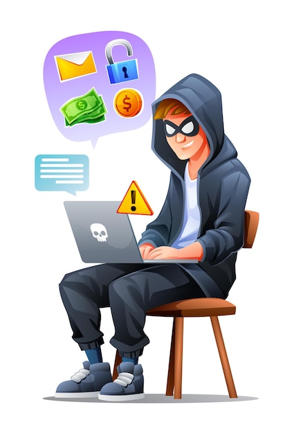 Hacker sentado con una computadora portátil para un ataque informático Concepto de ataque cibernético y seguridad Ilustración vectorial