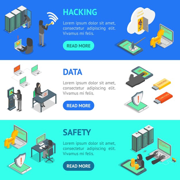 Hacker Signs 3d Banner Horizontal Set Isometric View Incluye el virus informático Money Spy y la ilustración del vector móvil
