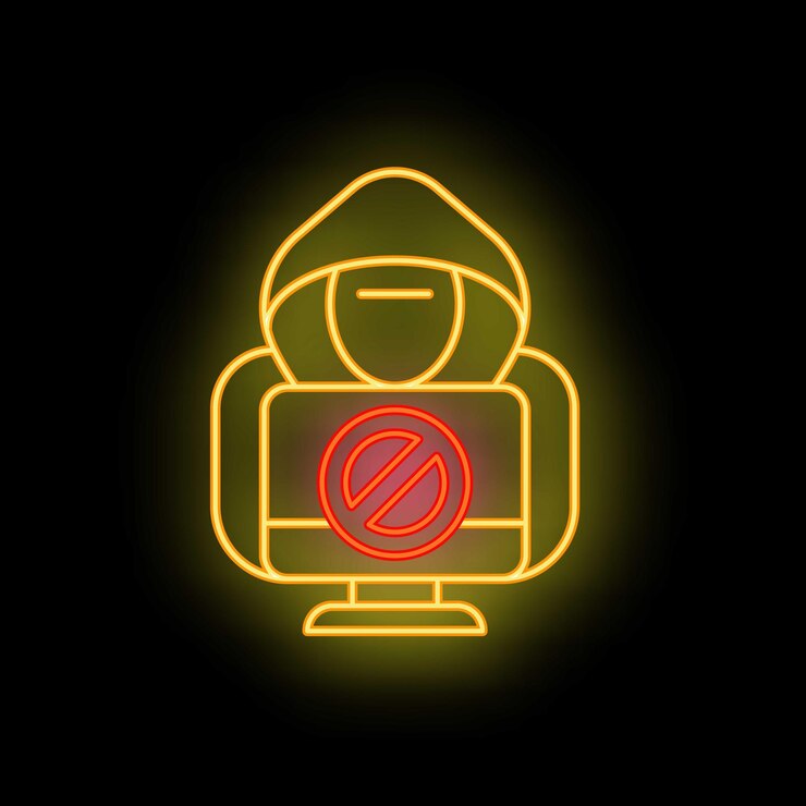 Vector hacker con símbolo prohibido en el letrero de neón de la pantalla de la computadora
