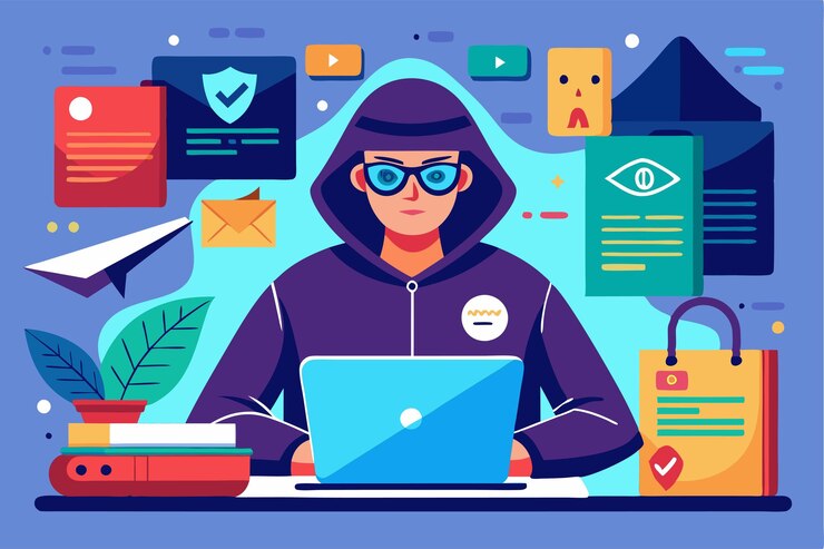 Vector un hacker trabaja diligentemente en una computadora portátil utilizando herramientas digitales para garantizar la seguridad y protección de documentos ilustración de hacker de tendencia para la seguridad de documentos